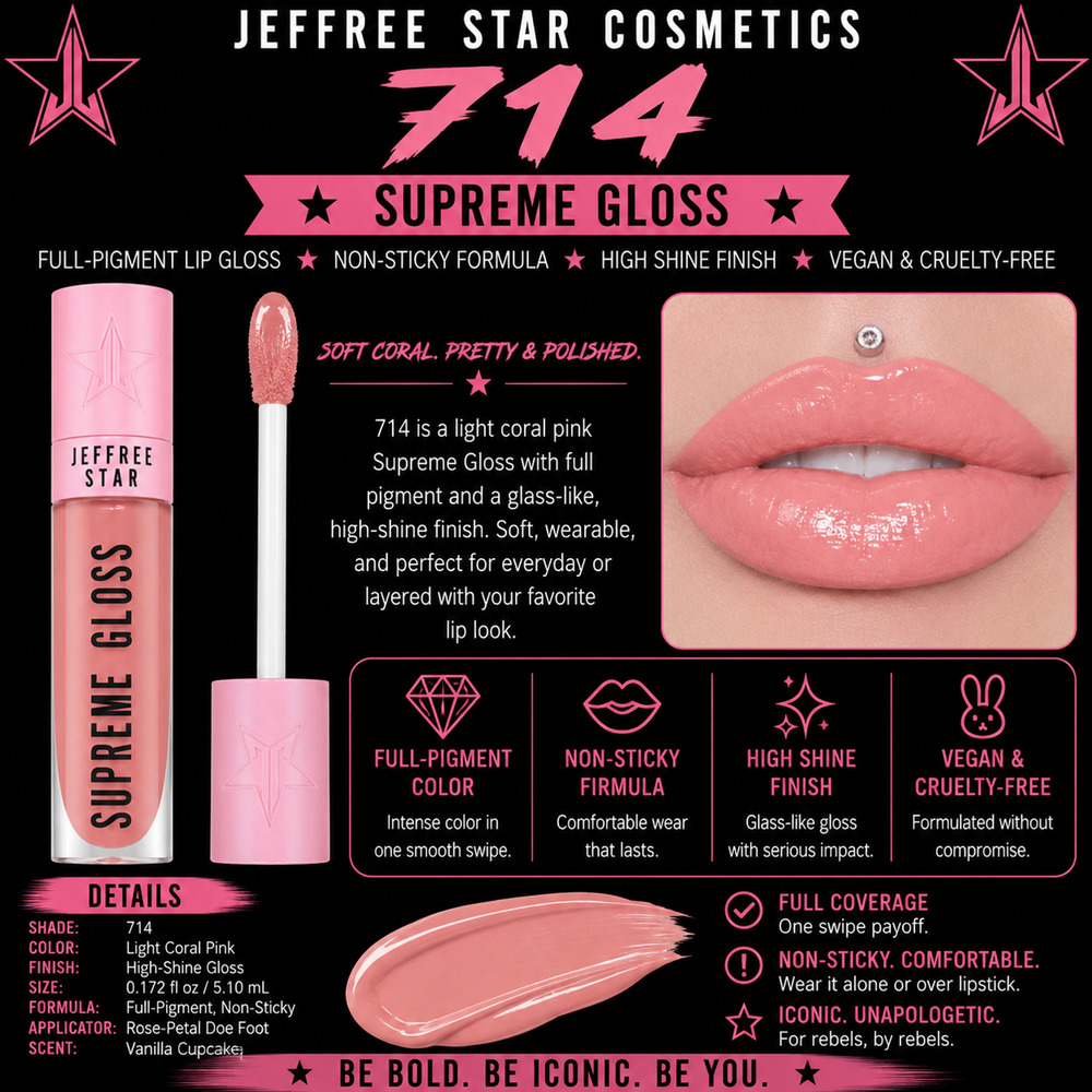 Jeffree Star 714 Supreme Gloss Light Coral Pink Full Pigment 0.172 fl oz NIB